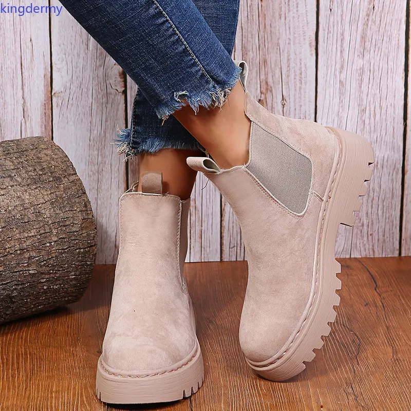 Women's Chelsea Boots Faux Suede Platform Ankle Boot for Women Retro Khaki Med Heels Short Botas Mujer Shoes Womens Boot Autumn