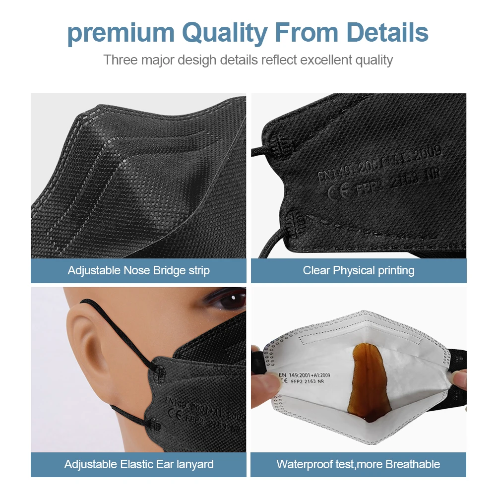 الكبار شكل السمكة المعتمدة KN95 FFP2 قناع 4 طبقات النسيج الأسود Mascarillas الفم FPP2 قناع الوجه KN95 تصفية التنفس ffp2mask