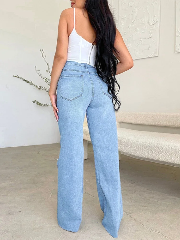 Xizou Damen Jeans hose 2024 Sommer mode hoch taillierte handgemachte ausgefranste Kante weites Bein Hosen Streetwear zerrissene Baggy Jeans