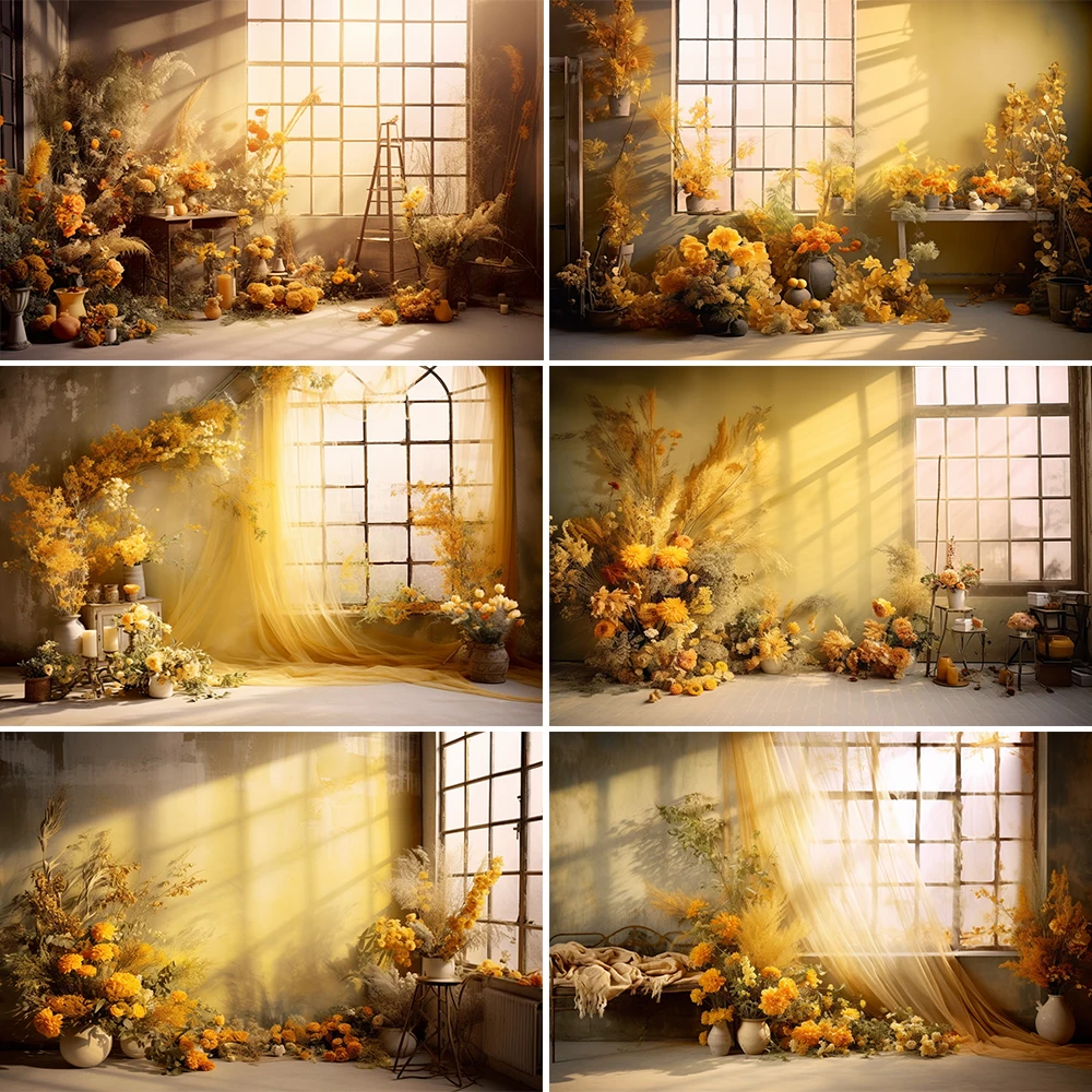 

Spring Window Photography Background YellowFlowers Child Birthday Party Maternity Portrait Decor Backdrop Photo Studio Banner