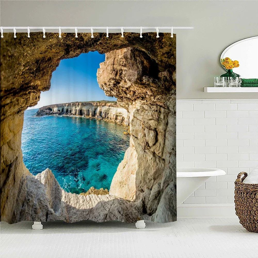 All kinds of 3D islands cave seaside landscape shower curtains home decoration curtains with hooks waterproof fabric 240X180cm