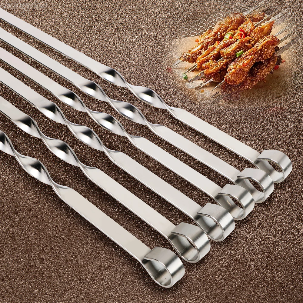 Brocheta de barbacoa de acero inoxidable, 6 uds., palitos anchos para barbacoa, tenedor plano para barbacoa, utensilio para barbacoa para acampar al aire libre, Picnic, accesorios de cocina