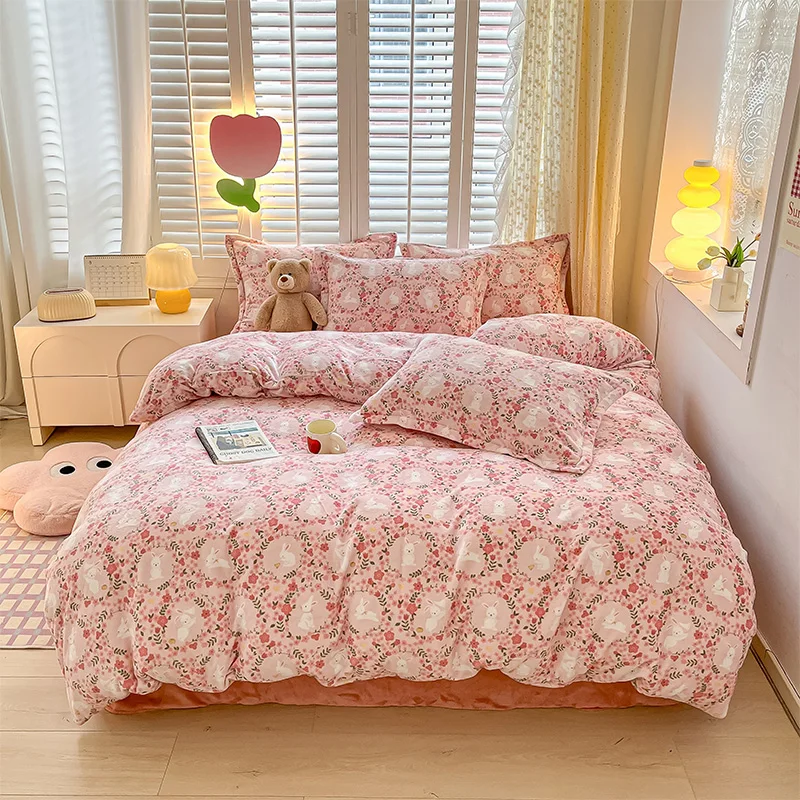 3pcs Velvet Duvet Cover Set (1* Quilt Cover and 2* Pillowcase), Cartoon Flower Printed Bedding Set Winter Warm Comforter Covers