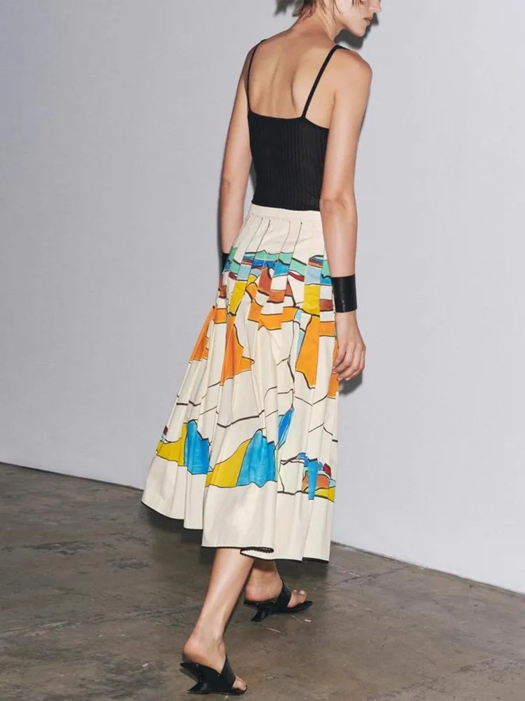 

Faionable Printed Wide Pleated Versatile Summer New Arrival Women's Skirt Stand Fit Casual Polyester Fiber Midi Skirt