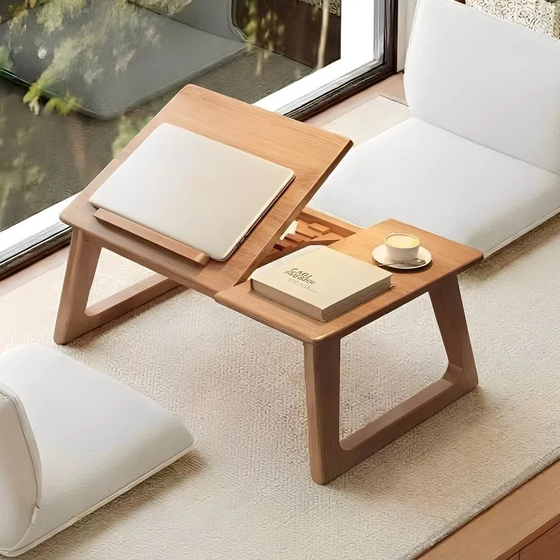 Solid Wood Bay Window Table, Small Kang Tea Table for Balcony Tatami, Natural Finish Low Floor Desk for Relaxing