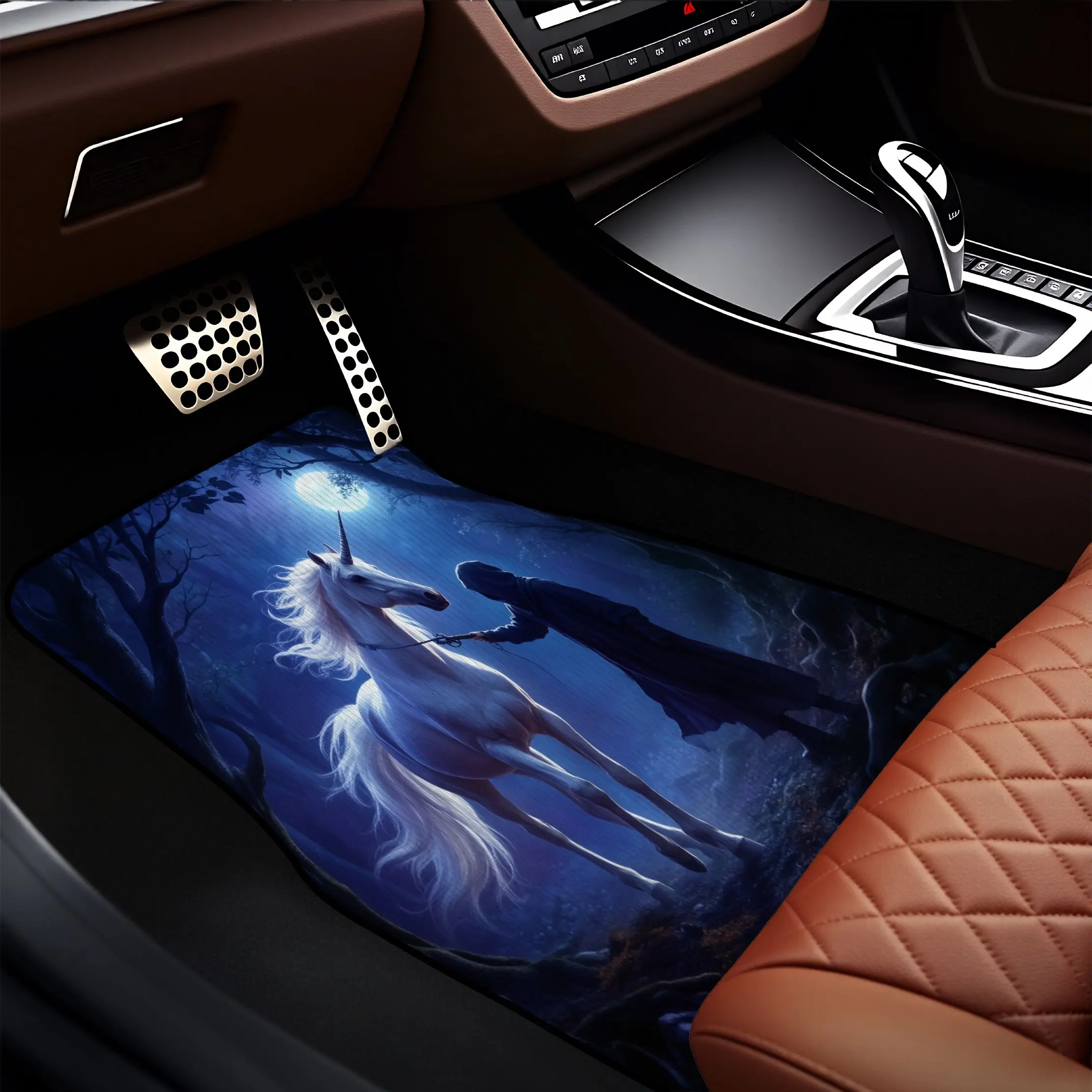 4pcs Unicorn And Wizard Night Forest Pattern Crystal Velvet Car Floor Mats - Dust Resistant Durable Fantasy Style Suitable For S