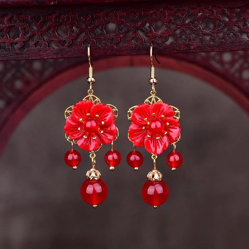 

Red Jade Flower Earrings Jewelry Zircon Gemstone Amulet Natural Crystal Women Fashion Gifts Chalcedony 925 Silver Charm