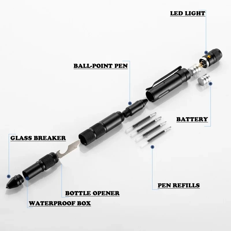 5-In-1 Portable Defense Multi Function Tactical Pen Outdoor Emergency Flashlight Screwdriver Bottle Opener Self Rescue EDC Tool