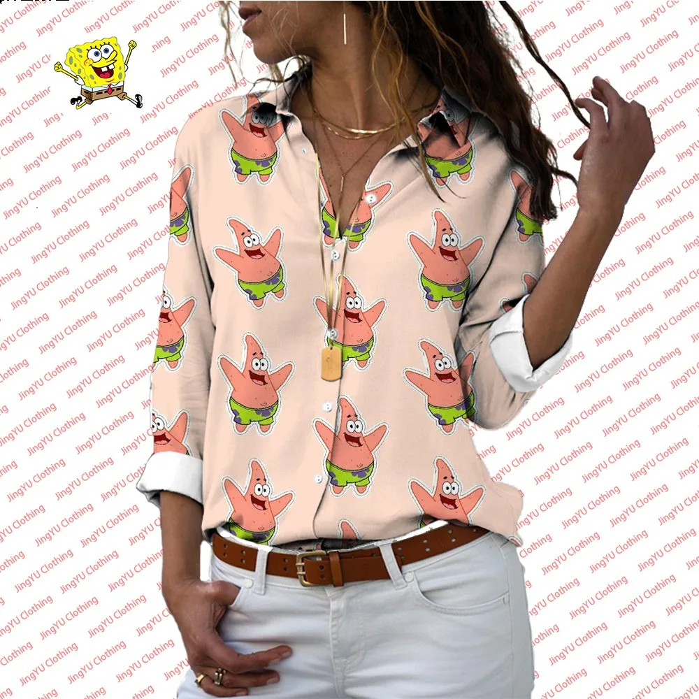 3D Fashion Trend Comfortable and Versatile Casual Shirt SpongeBob Cartoon Printed Ladies Long Sleeve Lapel Shirt