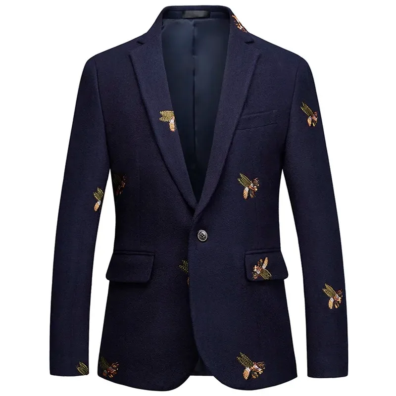 

S-6XL Boutique Fashion Embroidery Men's Casual Business Blazer Male Slim Suit Jacket Navy Blue Wedding Banquet Coat