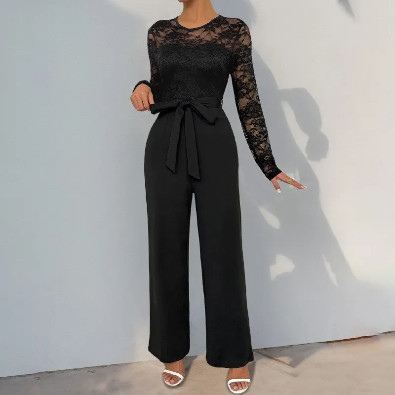 2025 New Cross Border Lace Splicing Zipper Strap Solid Color Jumpsuit Women's Elegant Black Long Sleeve Strap Slimming Jumpsuit