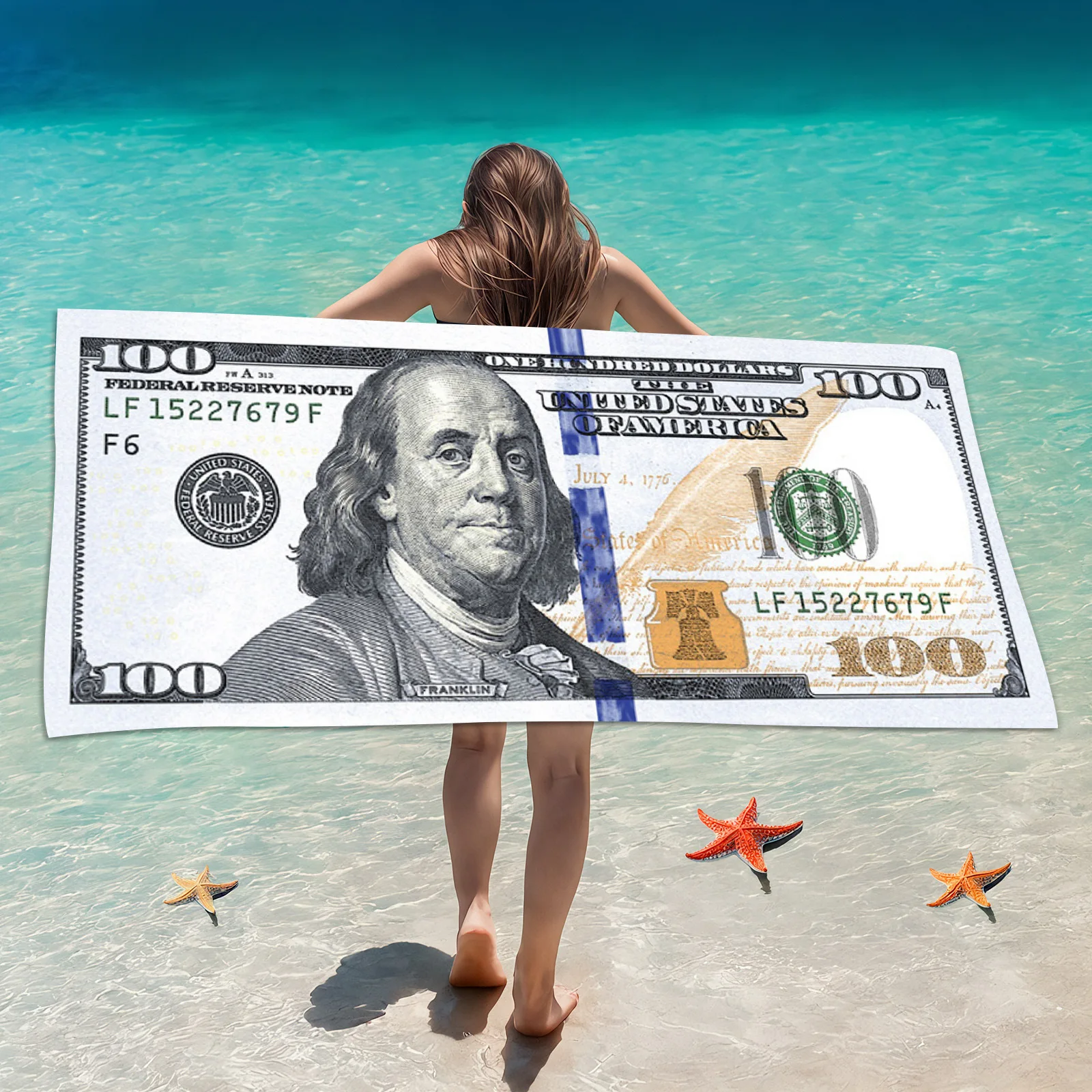 

Funny 100 US dollar printed beach towel, absorbent microfiber, for sauna, spa, surf, gym, sports, holiday gift,drop shipping