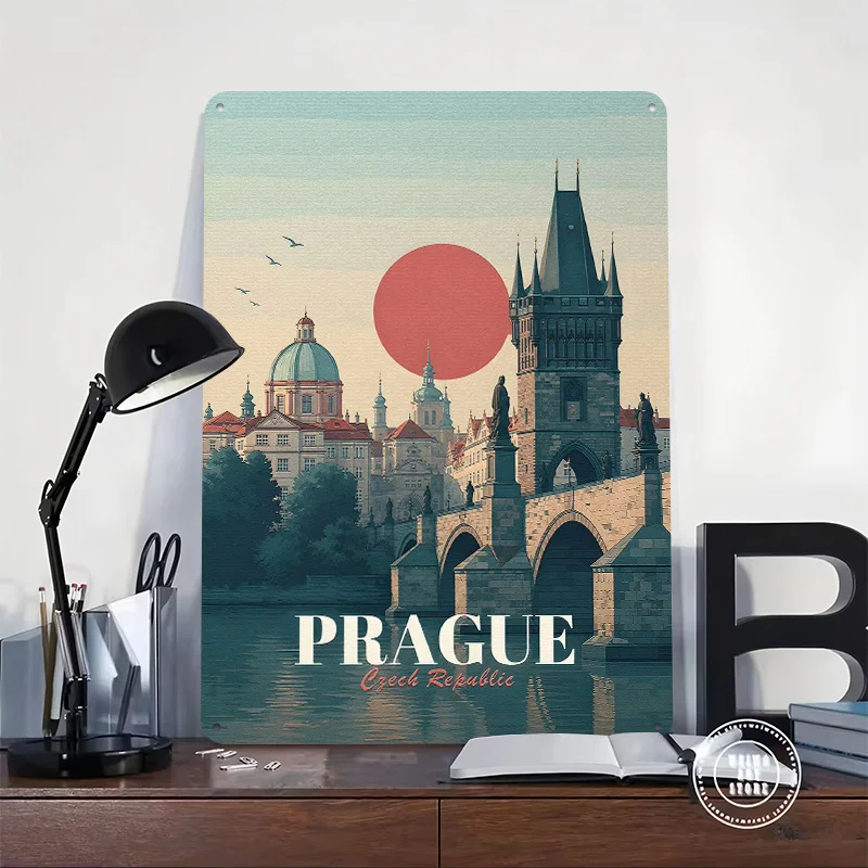 Prague Travel 3D Texture Metal Poster Customized Wall Art Tin Sign Gift for Mancave Gaming Room Decoration Man Funny Signs Decor
