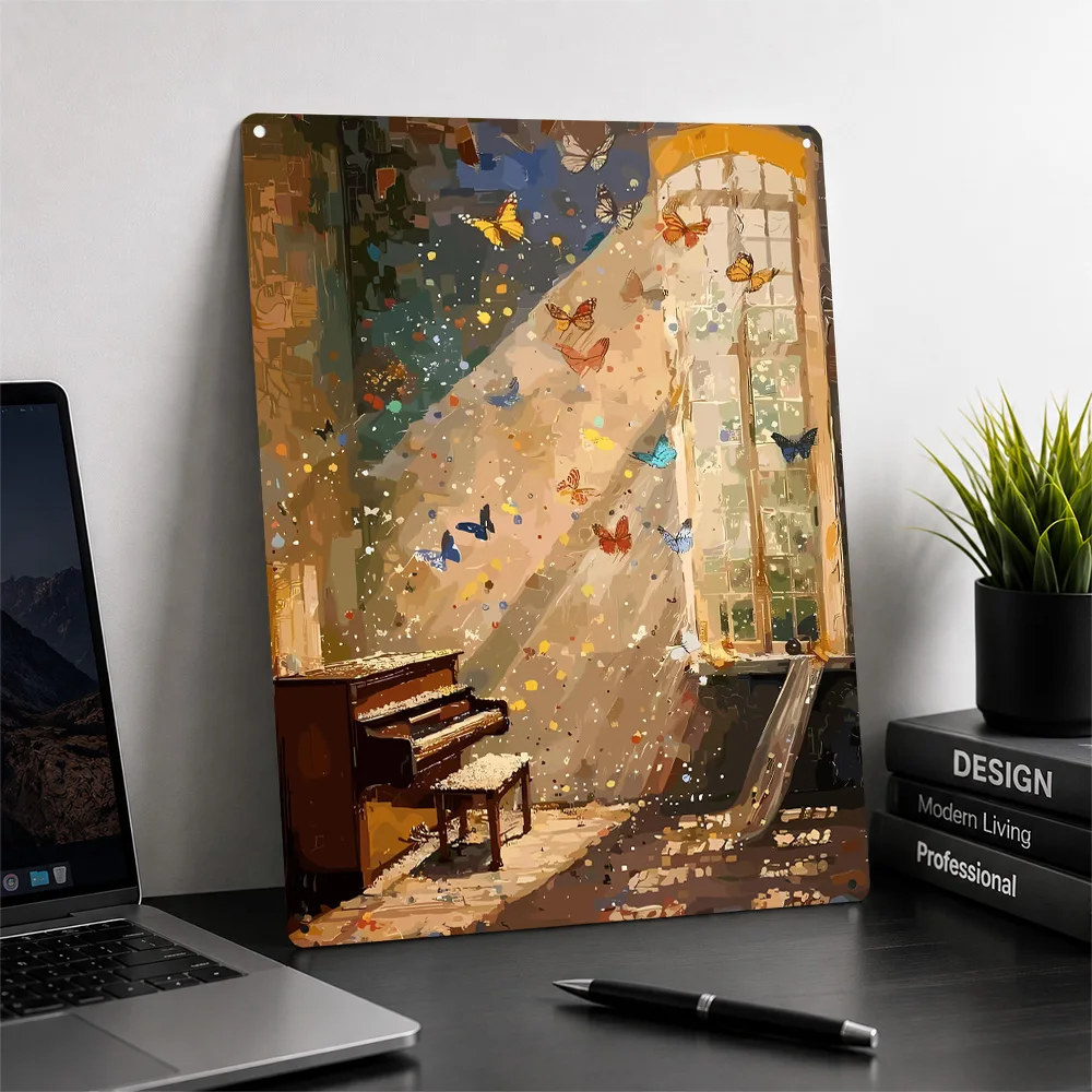 Piano Room With Butterflies Painting 3D Texture Metal Poster Customized Wall Art Tin Sign Gift for Mancave Bar Accessories Decor