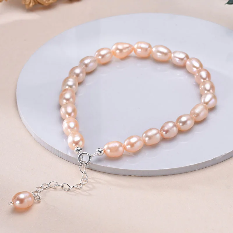 Natural Freshwater Pearls Rice Shape Multicolored Bracelet S925 Sterling Silver Chain Simple Fine Jewelry Hot Gifts for Women