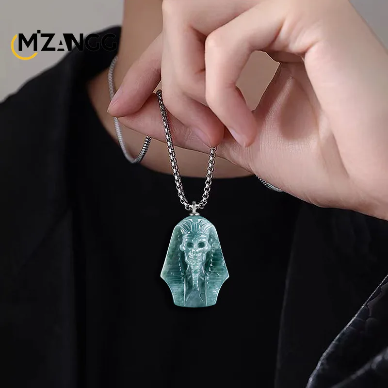 Pendentif pharaon égyptien en jadéite d'eau bleue naturelle, bijoux sculptés à la main, colliers de la présidence des hommes et des femmes, mode hip hop, cadeau de vacances