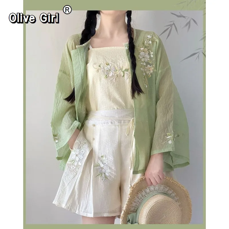 Olivegirl Improved Hanfu Set Round Neck Shirt Embroidered Flowers Elegant Suspender Shorts Daily Spring Summer Women's Clothing