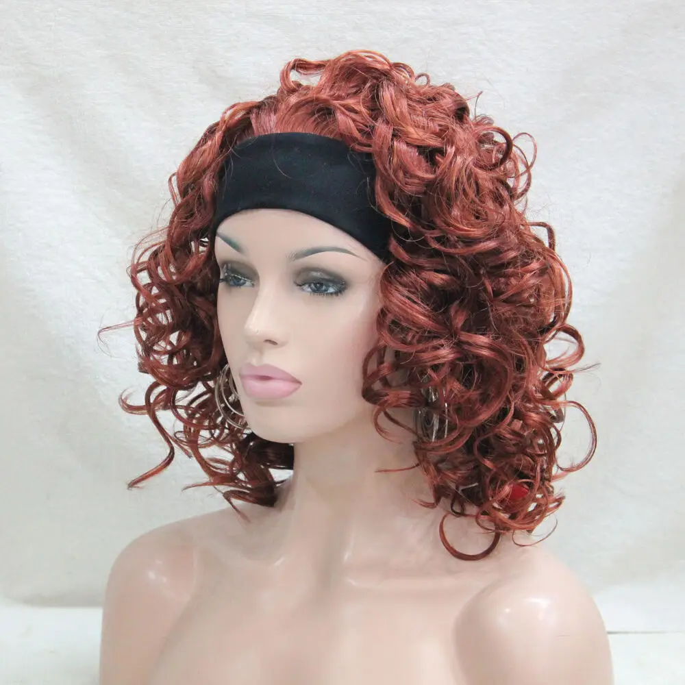 bright auburn red curly 16" short synthetic 3/4 wig women's headband wig