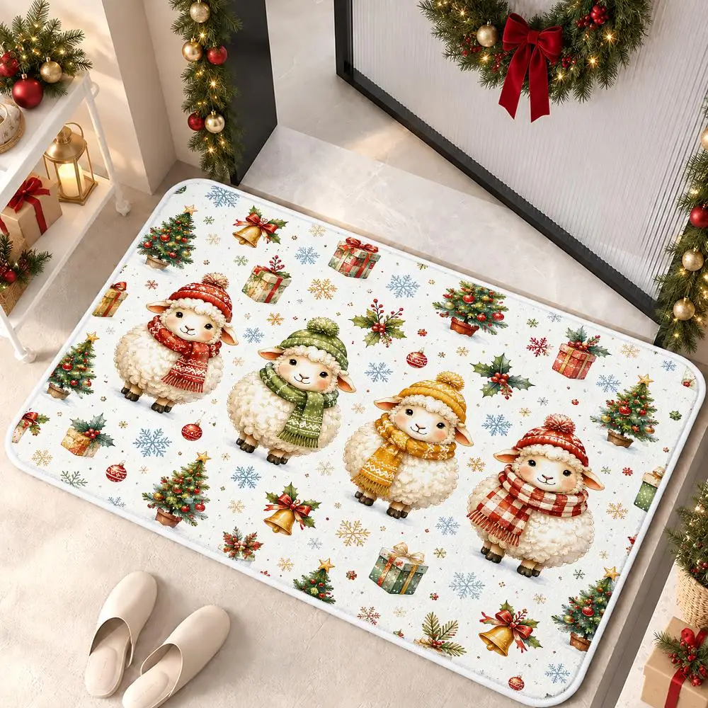 Christmas Cattle Deer Alpaca Floor Mat Flannel Rug Soft Non Slip Door Mat for Bathroom Bedroom Kitchen Festival Home Decor