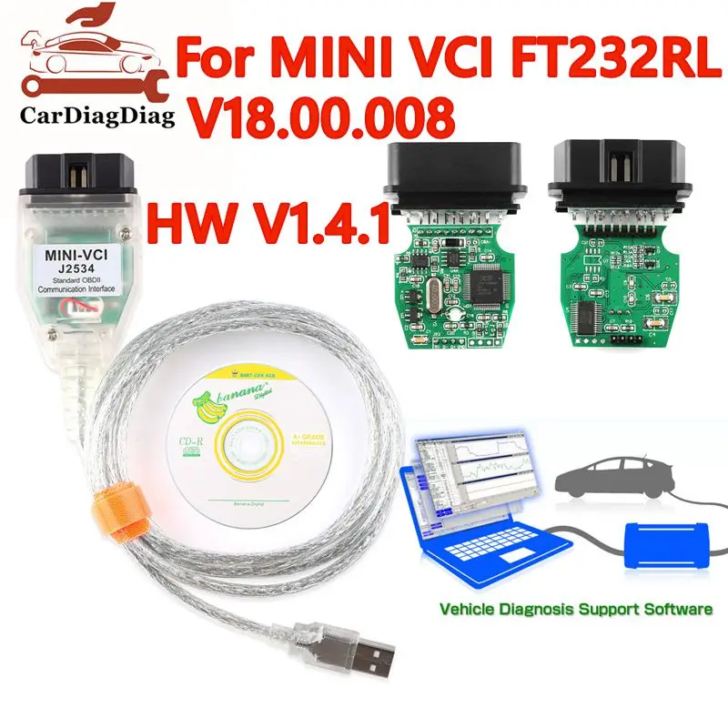 V18.00.008 For Toyota For Mini VCI TIS Techstream FTDI FT232RL J2534 Full Chip OBD2 Car Diagnostic Cable For Lexus Multi-Languag