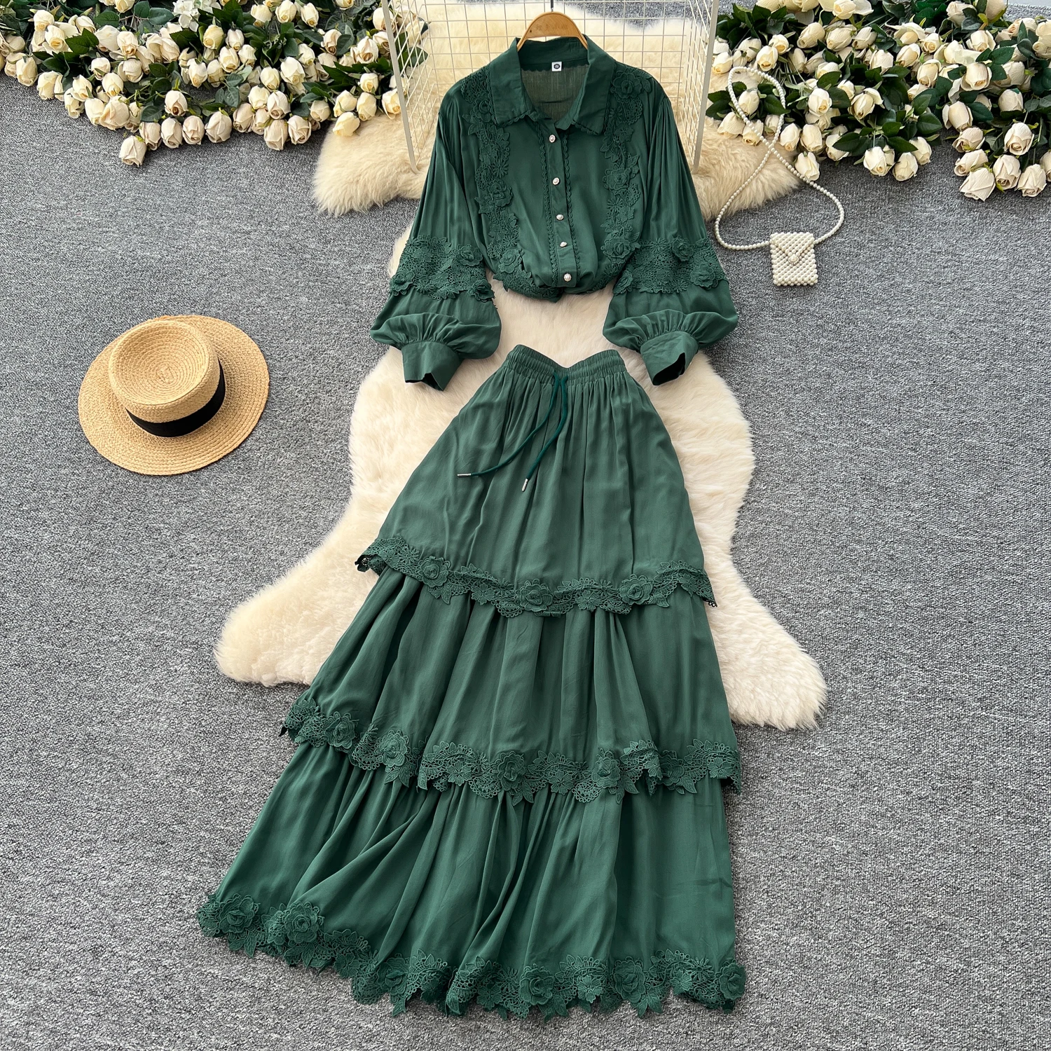 

ALPHALMODA Осень 2025 г., отложной воротник, рукав-фонарик, кружевная отделка, рубашка в стиле ретро, многослойная юбка, женский винтажный костюм из 2 предметов