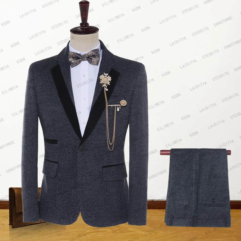 Men's High Quality Business Blue Black Tweed Velvet Trimmed Best Wedding Groom Dress Two-Piece Suit Man Tuxedos（Jacket Pants）