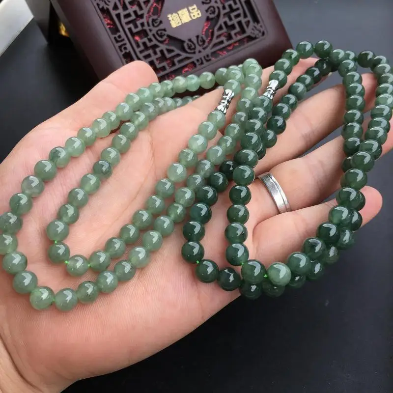 Myanmar a-Level Mine Timber -like Green 7mm Jade Bead Necklace round Beads Women's Chain Ice Oil Neck