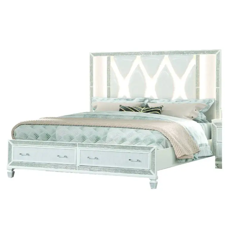 

Wooden Storage Bed, White Finish, Queen Size with Crystal Accents