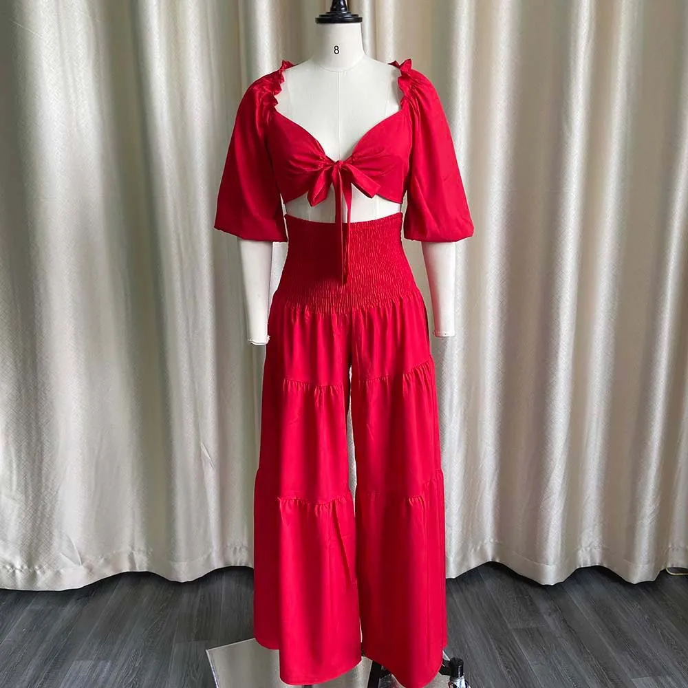 Women Wide Leg Pants Suit Summer Fashion Casual Street Suite Pleated Sexy Solid Color Two-piece Suit