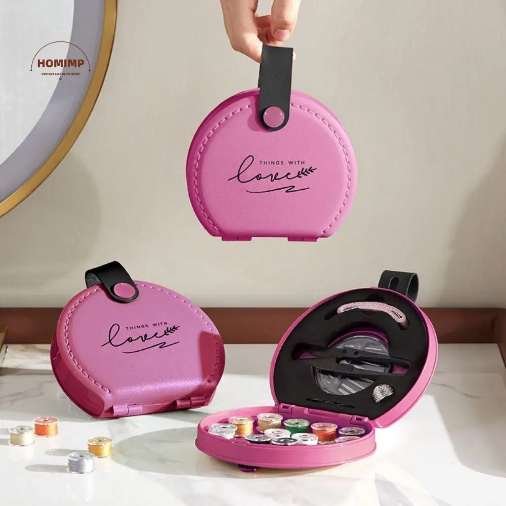 

Portable Mini Sewing Set Space Saving Compact Storage Needle Threads Box PU Leather Case with Handle Travel Sewing Kit