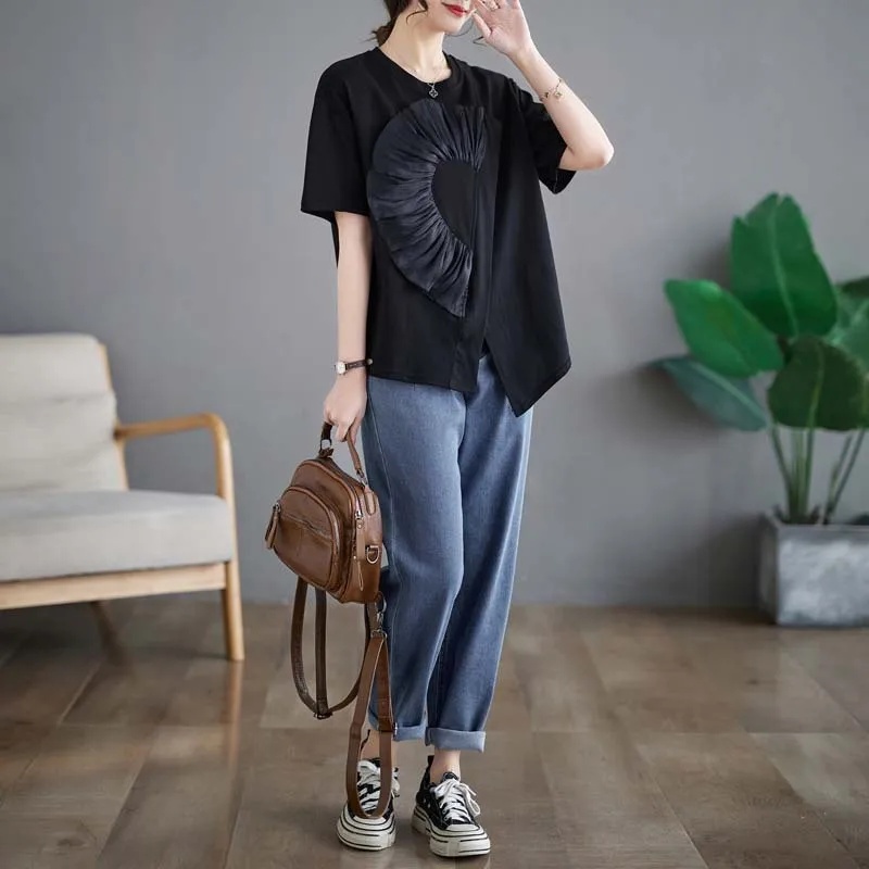 Short Sleeve T-shirts Women Irregular Hem Slit Design Plus Size Loose Summer Korean Style O-neck Splicing Age-reducing New Tops