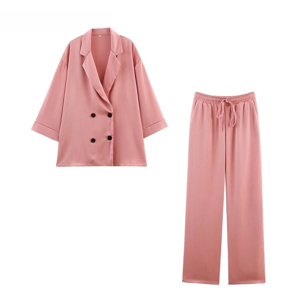 KONDALA Pink Fashion 2025 Spring Office Lady Woman Suits Oversized Double Breasted Blazer+Elastic Waist Pants Elegant Female Set