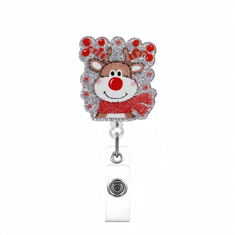New Retractable Christmas Badge Reels Christmas Hat Snowman Elk Rotation Nurse ID Badge Holder Acrylic Alligator Badge Clip Xmas