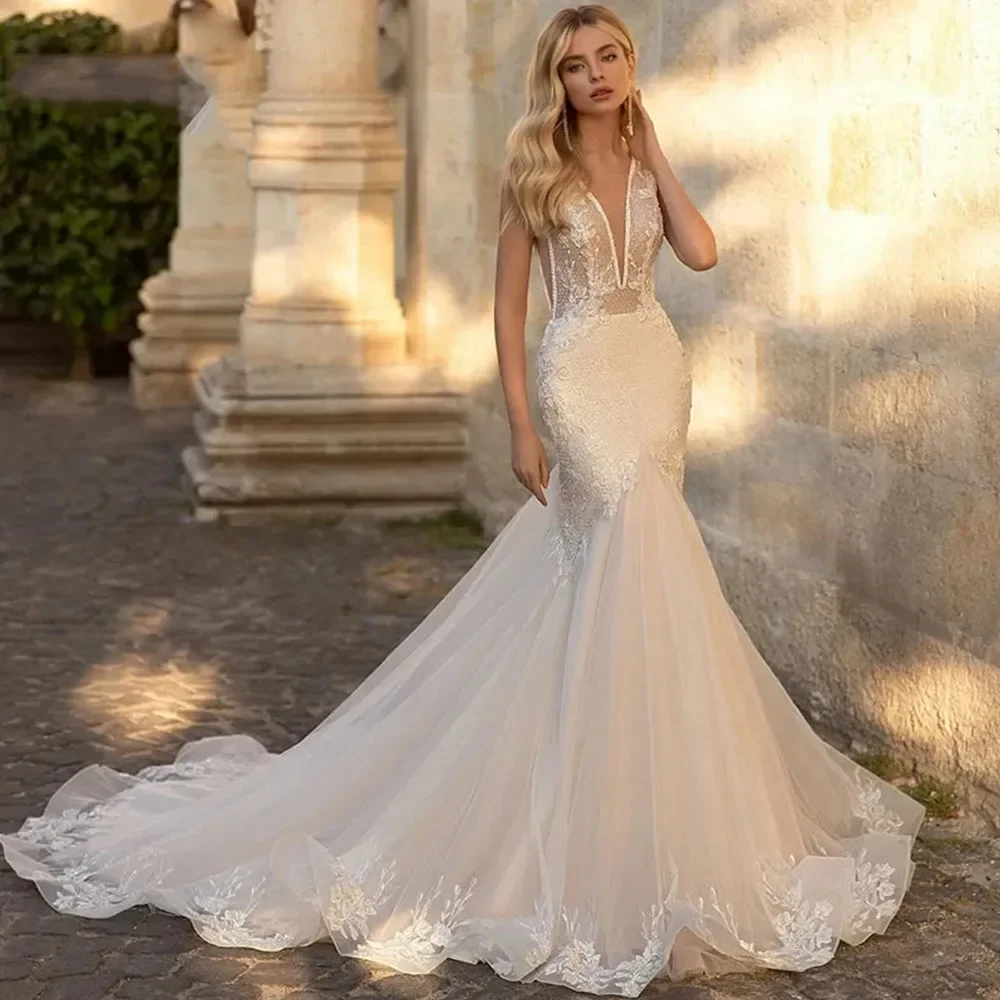 Sexy Wedding Dresses Slimming V-Neck Sleeveless For Women Elegant A-line Lace Applique Spaghetti Straps Open Back Bridal Dress