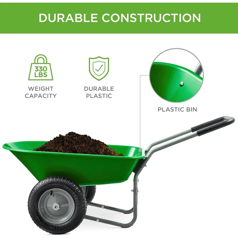 

Dual-Wheel Home Utility Yard Wheelbarrow Garden Cart W/Built-in Stand For Lawn, Gardening, Construction - B