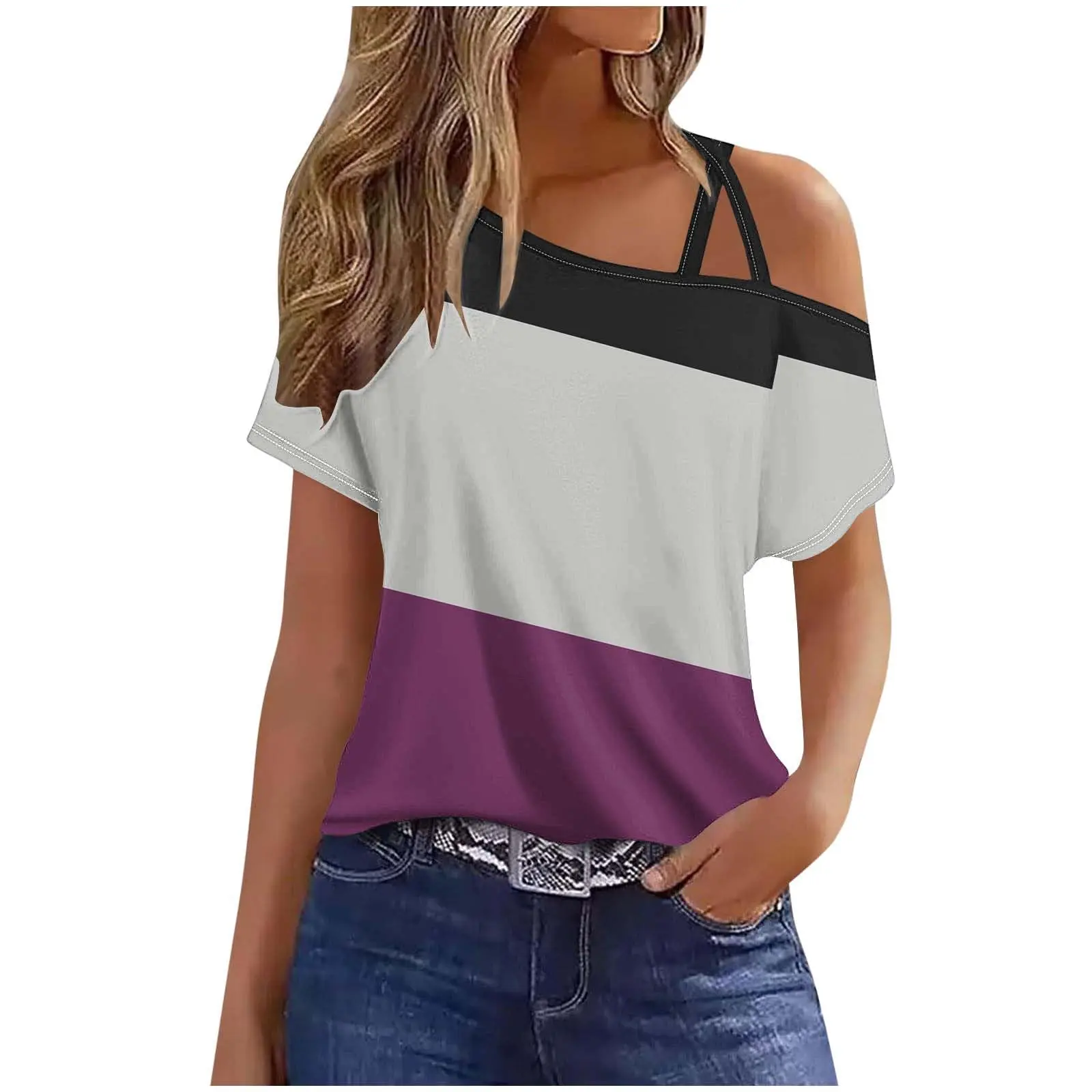 

Color Blocking And Contrasting 2024 Women's Summer Foreign Trade New Elegant Shoulder Strap Short Sleeved ShirtWE004