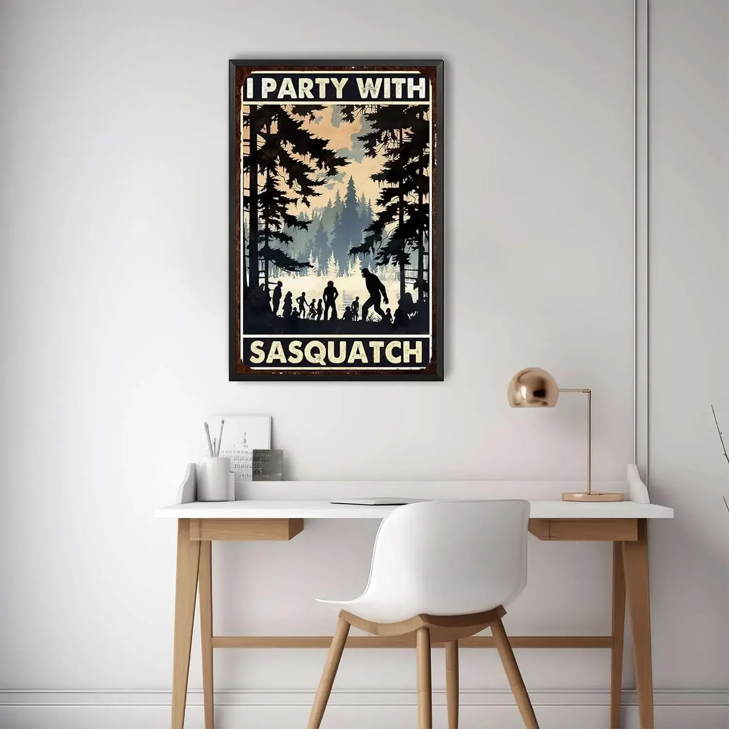 Retro Tin Sign Camping and Bigfoot I Party with Sasquatch for Bedroom Modern Fashion Office Wall Decor 8x12inch-with Metal