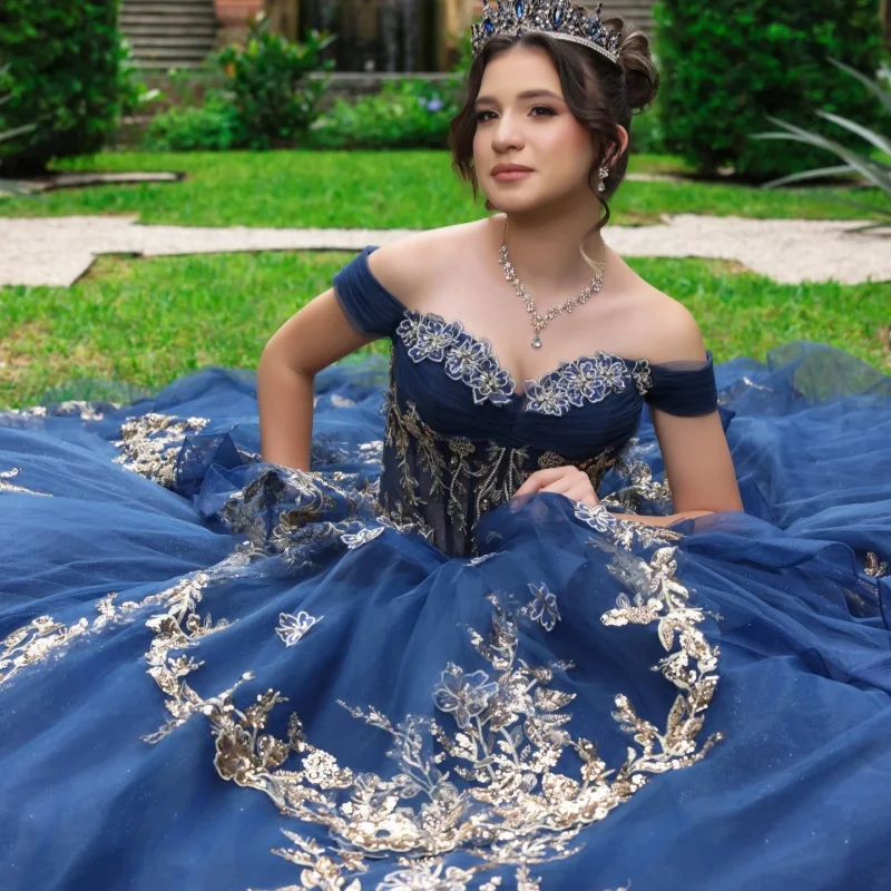 

Blue Quinceanera Dresses Off the Shoulder Golden Glitter Decal Flower Beadwork Long tail Vestido e 15 Quinceanera Customize