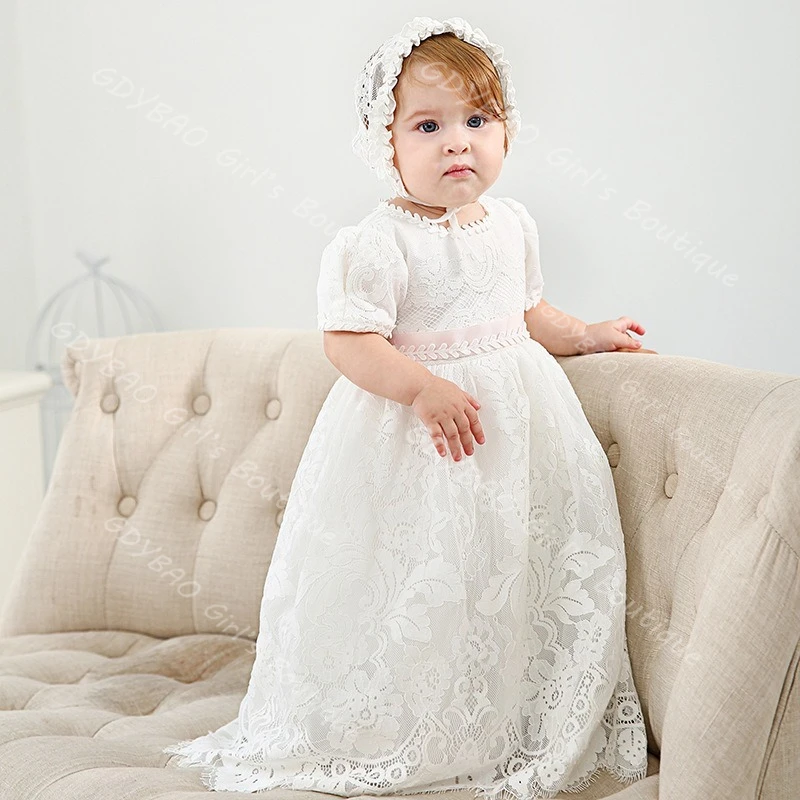 Baby Girls Christening Dress With Sashes 2 Piece Short Sleeve Baptism Robes Lace Bonnet Customized Infants Flower Girl Dress