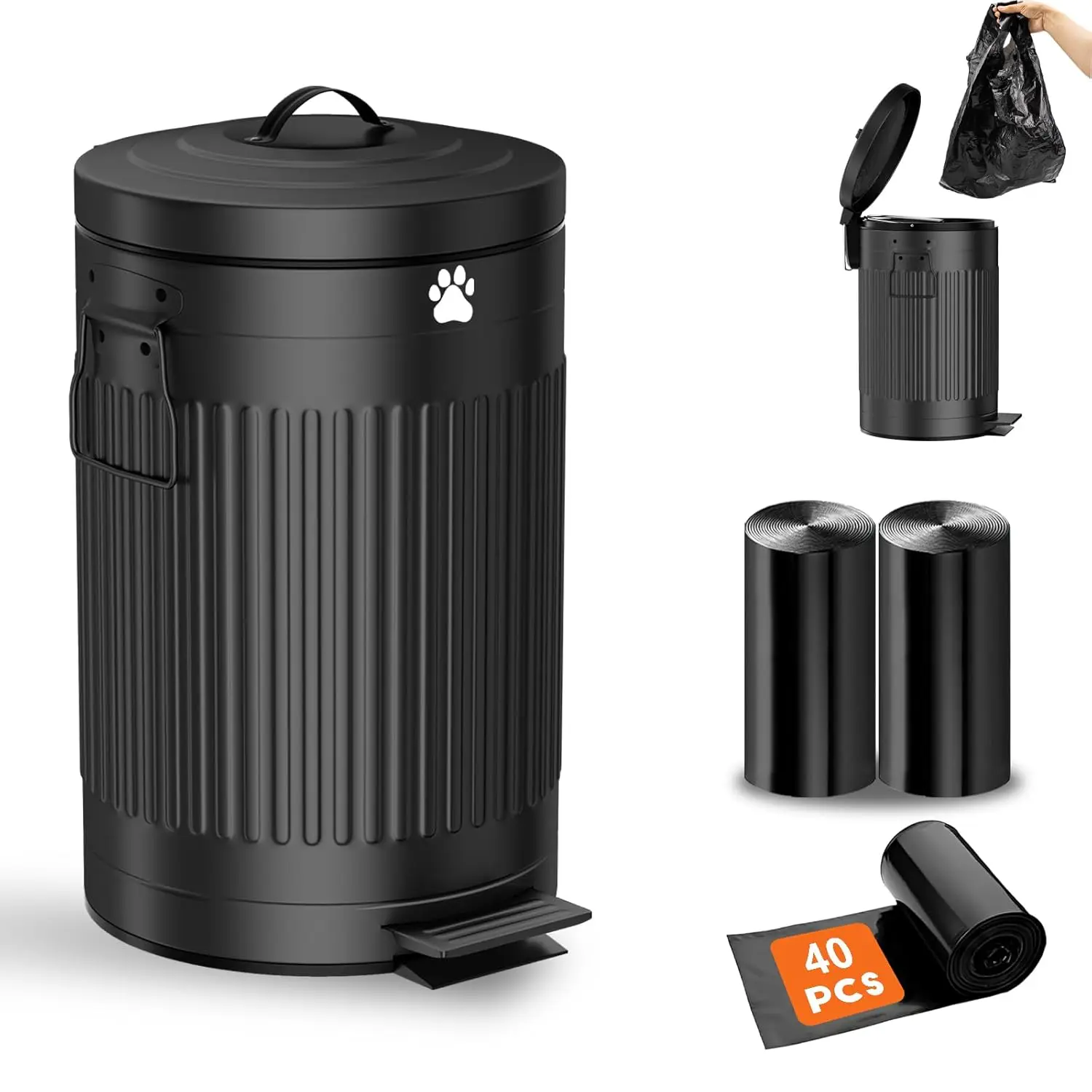 

12L Dog Poop Trash Can Outside, Metal Waste Container with Lid & Foot Pedal, Soft Close, 40 Bags Included