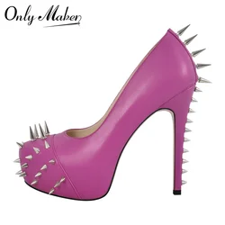 Onlymaker Women Round Toe Pink Platform Rivet Heels Pumps Dress Party Dress Sexy 13CM Stiletto Slip On Heels Shoes