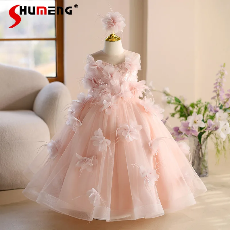 

Детское нарядное платье в стиле принцессы, весна-осень 2026, новая коллекция, длинное платье для выступлений на фортепиано, с цветочным узором