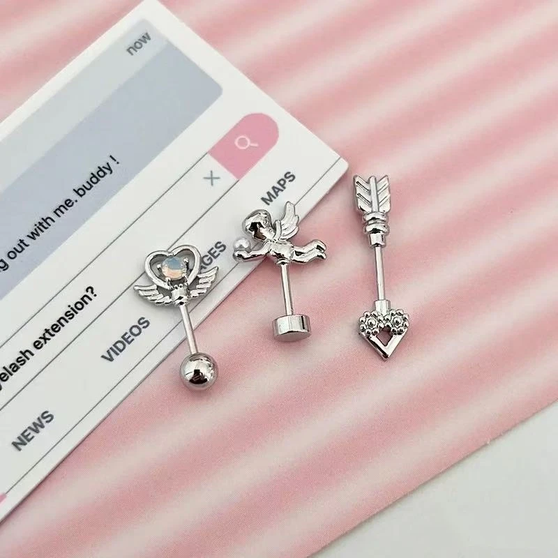1 PCS Cute Cupid Ange 316L Stainless Steel Ear Bone Nail Silver Color Heart Wing Conch Piercing Earrings For Women Jewelry Gifts