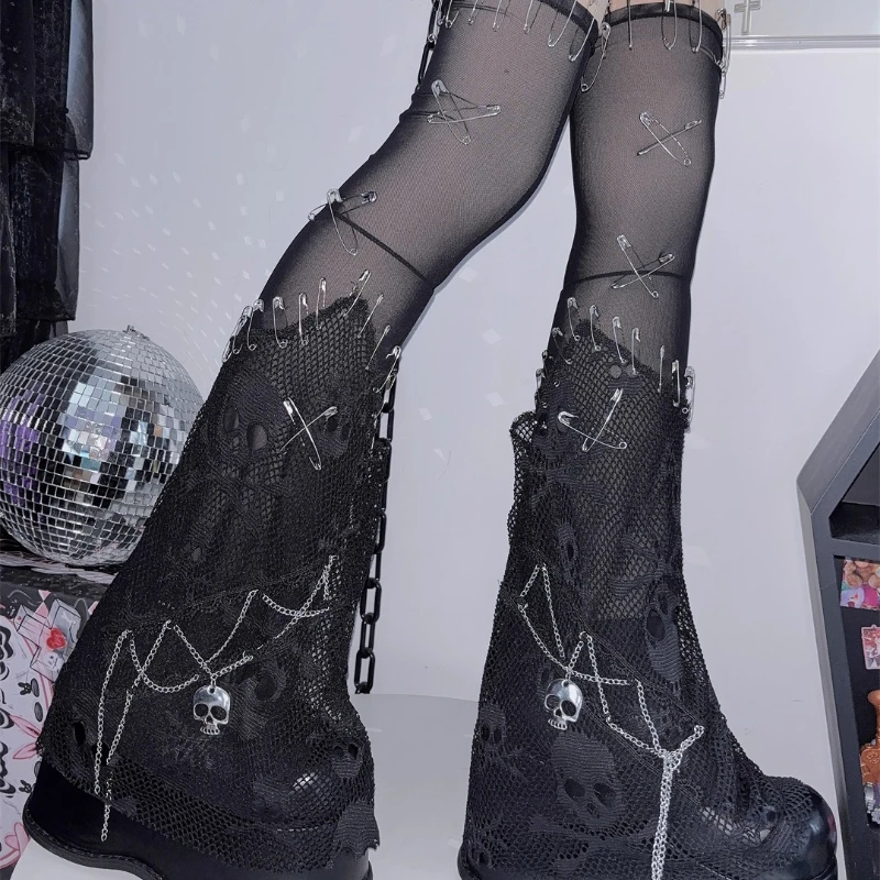European American Y2K Hot Girl Subculture Women's Socks Punk Dark Design Autumn New Chain Pin Rock Flared Leg Warmers Ladies