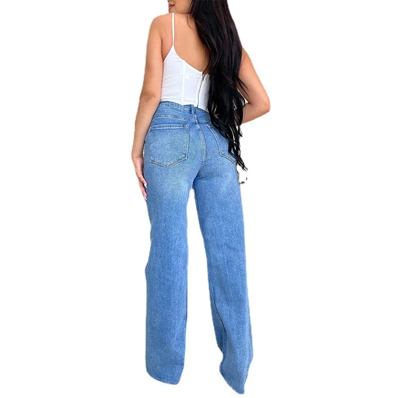 Gescheurde denim jeans voor dames, hoog getailleerde wijde pijpen, noodlijdende casual lange Boho Vintage comfortabele uitlopende broek met gerafelde zoom