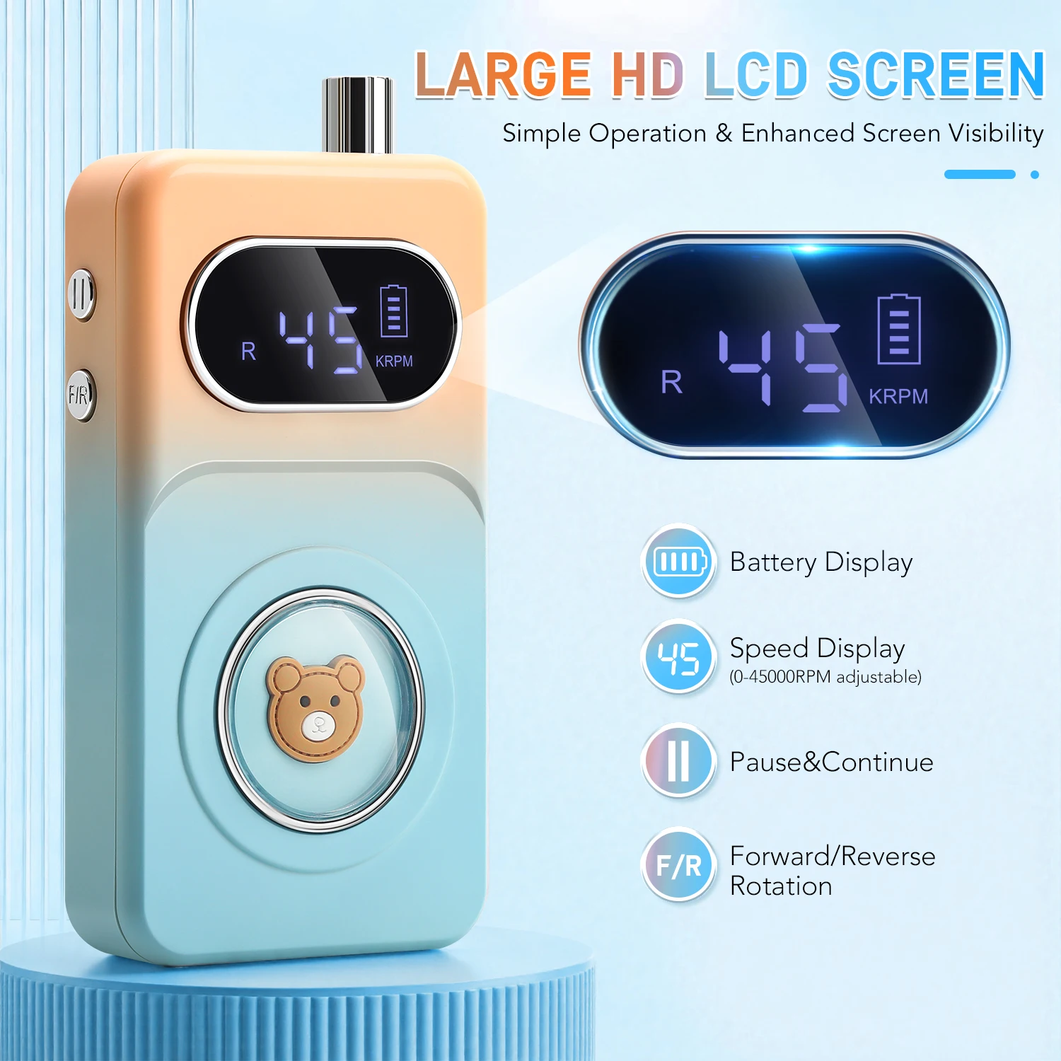 Trapano per unghie ricaricabile Lima per unghie elettrica portatile da 45000 giri/min con design simpatico orso, velocità regolabile e display LCD