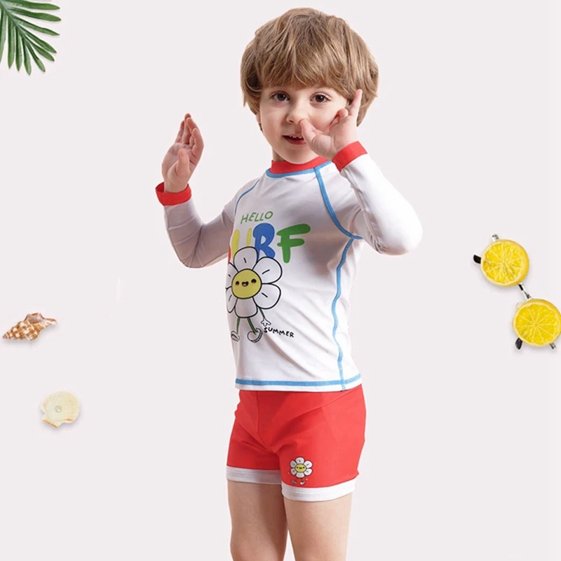 Cartoon Animals Pattern Printed Swimming Suits for Kids Boys Summer Quick Dry Elastic Swimming T-shirts Shorts Sets for Child