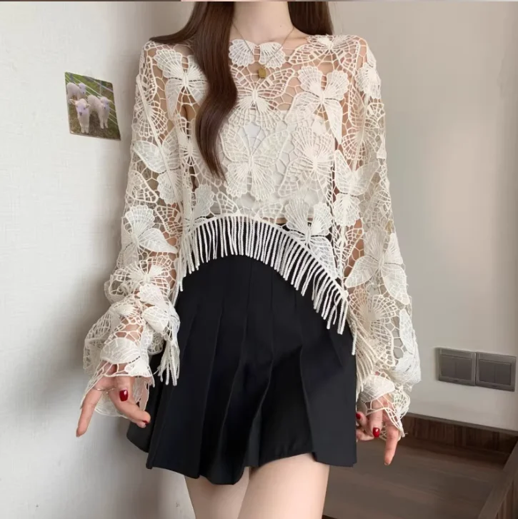 Women Summer Large Size Elegant Hollow Solid Color Sexy Sunscreen Blouse Fashion Short Versatile Loose Tassel Long Sleeve Shawl