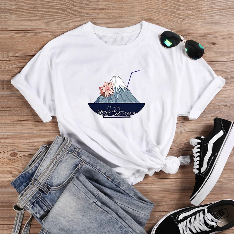 

Fashion Summer T Shirts Women Japan Mount Fuji Drink Casual Tshirts Women O-neck Short Sleeve Loose Tee Shirt Femme Tees