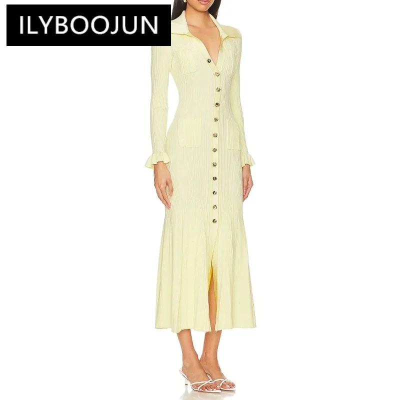 Temperament Elegant Stretch Slim Knit Womens dresses Cream V-neck Long Sleeve Single Breasted Long Dress 2024 Summer New